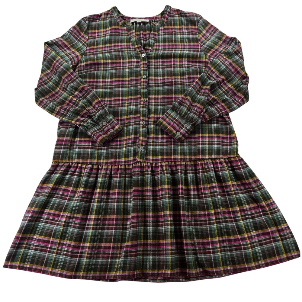 Loft Womens Large Plaid Button Front Drop Waist Tiered Mini Dress Green Pink